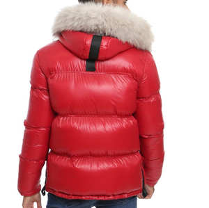 Men's Winter Red <b>Puffer</b> <b>Jacket</b> with Stand Collar and Fur Hood Customizable Formal Style on Sale - Product Image 2
