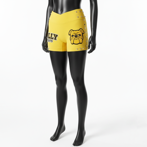 Shorts de sport pour femmes en poly-spandex GSM de haute qualité, jaune vif, avec panneaux latéraux à clous, patch brodé personnalisé. - Product Image 4