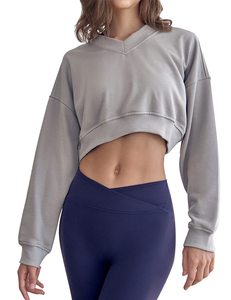 Logo personnalisé vierge à manches longues haut court pull à capuche Streetwear épaule tombante femmes haut court sweats à capuche - Product Image 1