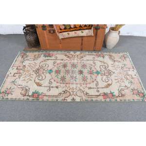 0.2x5.9 ft Vintage Rug, Turkish <b>Runner</b> Rug, <b>Red</b> Green Floral Wool Rug - Product Image 3