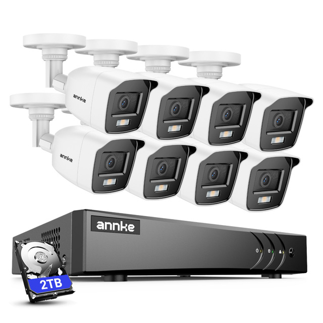 ANNKE 8CH 3K H.265+ Hybrid DVR with 8pcs 2MP TVI ColorPro Full Time Color Bullet Camera with 2TB HDD CCTV Security System