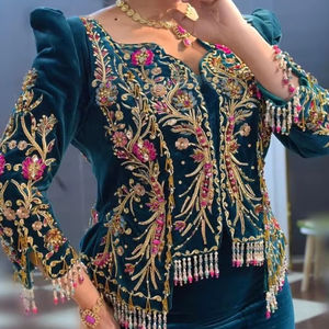 2025@Traditional-Algerian Elegant <b>Navy</b> blue <b>Jacket</b>-Karakou DRESS with Embellished Glass Beads Pearls Dabka work on Velvet Fabric - Product Image 1