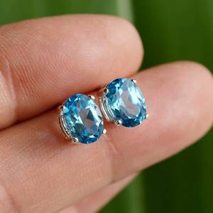 Boucles d'oreilles ovales en topaze bleue suisse naturelle 8x6 mm, argent sterling 925, bijoux en pierres précieuses, coffret cadeau, élégant pour femmes - Product Image 4