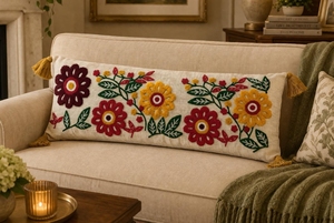 Funda de Cojín Lumbar Boho Colorida con Bordado Botánico, Hecha a Mano, Ecológica, de Algodón, con Borlas - Product Image 2