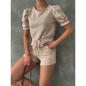 Blusa de Mujer Topshow con Cintura Fruncida y Detalle Elástico, Diseño a Cuadros, Mezcla de Algodón y Poliéster, Color Piedra - Product Image 2