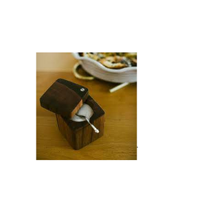 Salero de madera de Acacia, recipiente con cuchara y contenedor de pimienta y sal de madera de Acacia Natural, cuchara y forma redonda - Product Image 3