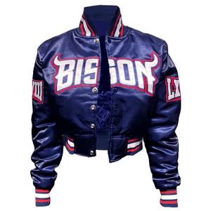 Bleu marine Satin Bison recadrée Varsity Veste Rétro Collège Style Léger Streetwear Mode Survêtement Femmes Casual Bomber - Product Image 1