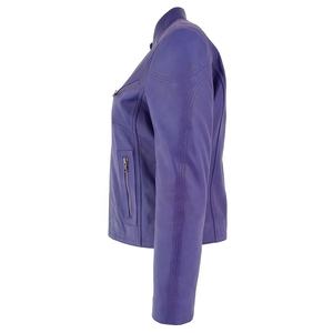Veste de motard en cuir d'agneau véritable pour femme, violette, surdimensionnée, manteau d'hiver pour moto avec doublure en laine et fermeture à boutons - Product Image 3