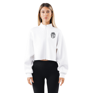 Veste courte zippée blanche pour femme, manches longues, coupe structurée, style athleisure minimaliste - Product Image 1