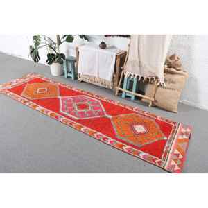 Alfombra Turca de 2.7x9.5 pies, Alfombra Vintage Tipo Runner, Alfombra con Estampado Animal Rojo Naranja - Product Image 2