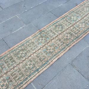 Turkish <b>Runner</b> Rug 1.7x11.2 ft, Blue <b>Green</b> Oriental Rug Wool - Product Image 3