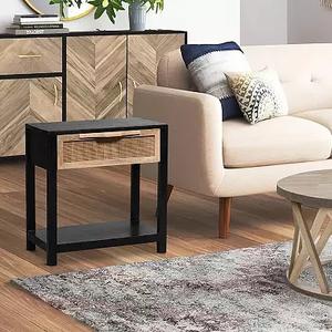 Mango Wood and rattan nightstand With Drawer Front And Open <b>Shelf</b> Stylish Nightstand For Modern Bedroom Decor - Product Image 2