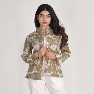 Chaqueta Acolchada con Estampado de Mariposas, Cuello Mao y Bolsillos, Abrigo Casual de Algodón para Mujer, Primavera - Product Image 5