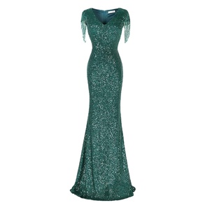 Vestidos de noche maxi de lentejuelas de lujo con cuello en V profundo de manga corta <span class=keywords><strong>verde</strong></span> de calidad boutique para mujer Sexy Party Night - Product Image 1