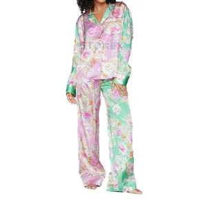 Đêm Mặc Phụ Nữ Satin Floral In Màu Bị Chặn Pajama In Set Top Xu Hướng Chất Lượng Cao