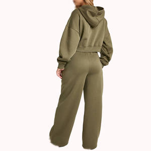 Ensemble de survêtement décontracté pour femmes avec sweat à capuche zippé court et pantalon de survêtement ample à taille élastique pour la vente en gros - Product Image 2