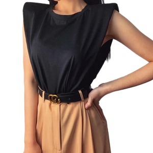 Camisetas de estilo vintage jersey de cuello redondo para mujer, Camiseta de algodón sin mangas con almohadilla para el hombro, ropa de moda, señora de oficina - Product Image 5