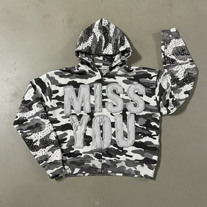 Sweats à capuche en coton lourd 400 g/m² avec strass noirs brodés, sweats à capuche à manches avec strass, coupe ample, sweats à capuche zippés courts - Product Image 2