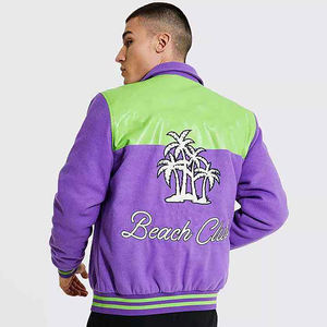 <b>Mens</b> <b>Purple</b> and Green Varsity Jacket Beach Club Embroidered Back Palm Tree Design Snap Button Casual Coat - Product Image 2