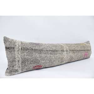 Almohada de lana gris con patrón de rayas sutiles de 12x48 pulgadas tejida en estilo Kantha Vintage bordado con diseño tejido intrincado - Product Image 3