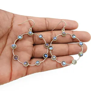 Blue labradorite gemstone earrings Women fashion Handmade hoop earrings wholesale 925 sterling silver jewellery supplier