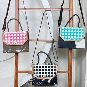 Bolso Bandolera de Cuero Vacuno Auténtico con Diseño de Cuadros, Estilo Occidental, con Asa Superior, para Mujer - Product Image 1