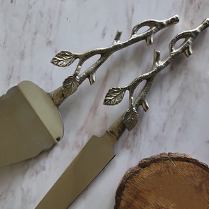 <b>Cake</b> Knife And <b>Cake</b> Server Knife With Leaf Design Handle In Brass Stainless Steel New Arrival For Birthday Event Wedding Parties - Product Image 6