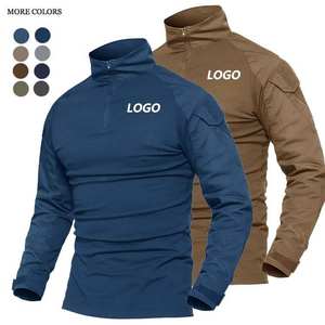 Camiseta táctica de entrenamiento de verano para hombre, manga larga con bolsillos con cremallera, algodón, poliéster, transpirable, antiarrugas, cuello cuadrado - Product Image 1