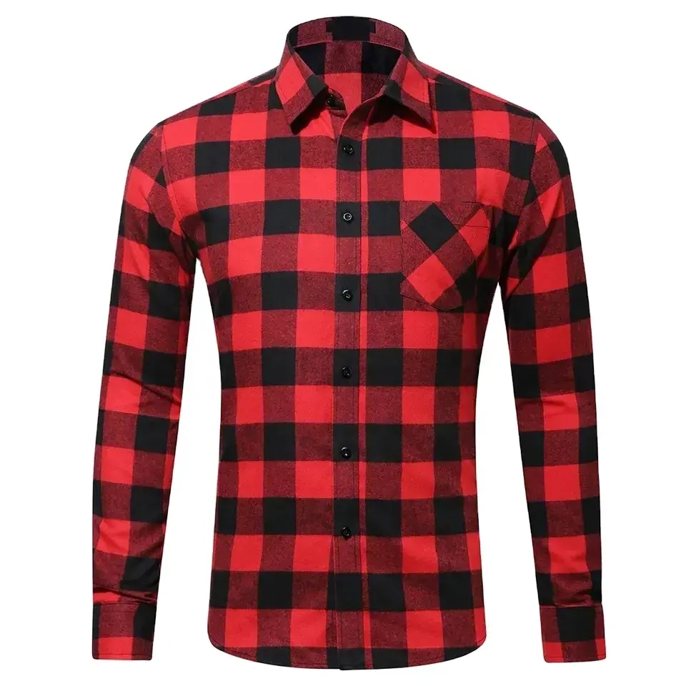 最高品質のレギュラーフィット赤黒長袖チェック柄フランネルシャツ新しい高品質2023カスタマイズロゴ毛糸染めパターン
