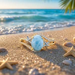 Jeulia Gold Swirl Oval Larimar <b>Ring</b> with Dual Starfish-Fashionable <b>Statement</b> Jewelry for Women - Product Image 5