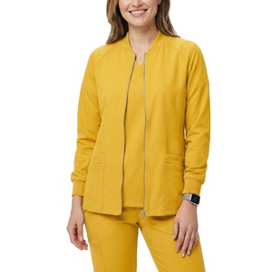 Blouse médicale personnalisée à prix de gros, fermeture éclair sur le devant, sans col, manches longues, poignets tricotés, ourlet ventilé - Product Image 1