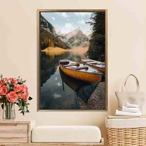 Mountain Lake Boat Canvas Print: Nature Photography Boho Wall Decor,GOLD <b>FRAMED</b> CANVAS - Product Image 1