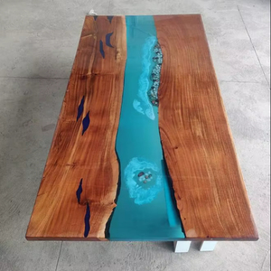 Table à manger rectangulaire moderne en résine époxy artisanale de luxe pour salon, plateau en bois d'acacia, imperméable, cadeau de mariage, personnalisable - Product Image 1