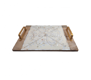 Ramadan Style arabe spécial taille et couleur personnalisables incrustation de nacre en bois décor à la maison vadrouille plateau de service fabriqué en Inde - Product Image 3