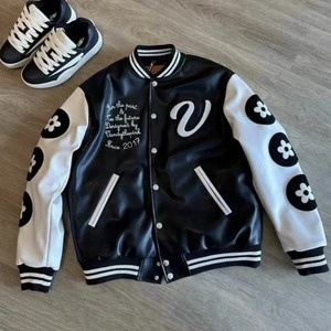 Hiver Noir Vandythepink Cuir Véritable Toile Imperméable Respirant Brodé Lettre Impression Baseball Jersey Street Patchwork - Product Image 3