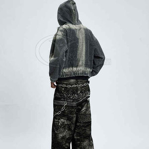 เสื้อฮู้ดดี้ฟอกสีคุณภาพสูงสำหรับผู้ชาย สไตล์วินเทจขาดๆ แบบสตรีทแวร์ ผ้าฝ้าย - Product Image 6