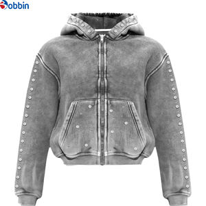 Sudadera con Capucha Personalizada para Hombre, de Algodón Grueso, Estilo Urbano, con Pedrería, Cierre Extra Grande, Lavado Ácido, Estampada - Product Image 5