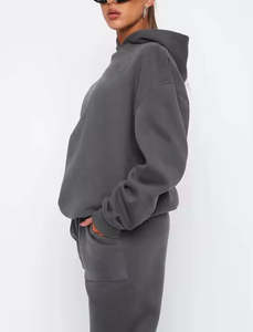 Conjunto de Chándal Largo de Punto Informal Sólido para Mujer, Personalizado, Súper Bonito, Mezcla de Algodón y Poliéster Gris Jaspeado, Cepillado - Product Image 2