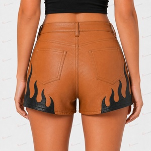 Shorts en cuir marron taille haute avec imprimé flamme noire STREETWEAR pour femme, imperméables, respirants, écologiques, à braguette boutonnée - Product Image 5