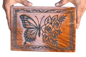 Personalized Butterfly & Roses Wooden Cremation Urn Engraved Memorial <b>Keepsake</b> <b>For</b> Adult <b>Ashes</b> With Customized Design Option - Product Image 2