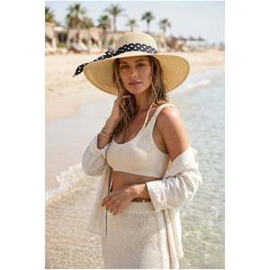 หมวกฟางสีเบจผูกโบว์ลายจุด HSR2136 - hsr2136-beige - Product Image 3