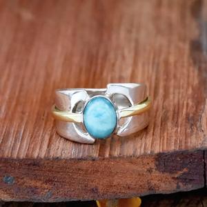 แหวนลาริมาร์ธรรมชาติ925วงแหวนกว้างสองโทนสีเงินสเตอร์ลิง - Product Image 1