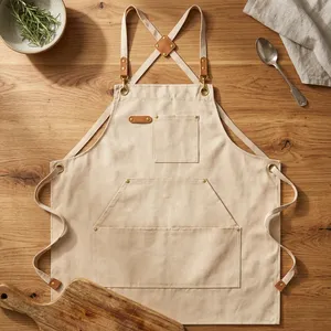 Beige Canvas Bib <b>Apron</b> with Crossback Leather Straps and Pockets Reusable Water Resistant Eco-Friendly Durable <b>Cooking</b> <b>Apron</b> - Product Image 1
