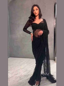 Dernier sari élégant de créateur Bollywood avec broderie en filet noir Dernier saree exclusif de mariée pour mariage chic et ethnique pour adultes - Product Image 3