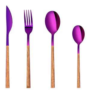 Juego de 4 cubiertos de acero inoxidable, ideal para cocina, mesa, comedor, hogar, uso en hotel, cubiertos recubiertos de color azul, mango de madera - Product Image 3