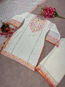 Conjunto étnico Plazo Faux Georgette Heavy bordado secuencia trabajo con espejo Real trabajo hecho a mano con pompón menos borde de la India - Product Image 5