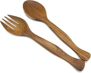 Mango corto con diseño de esmalte sombreado azul con juego de cuchara para servir ensalada de madera Hecho de madera natural en color natural - Product Image 6