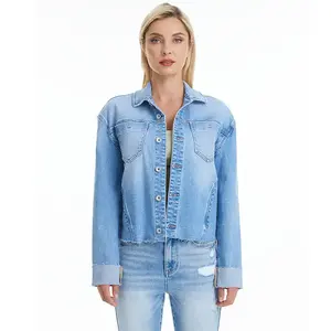OEM <b>Women's</b> <b>Light</b> Wash Denim Jacket Breathable Cotton-Filled <b>Coat</b> with Patch Sleeve and Pockets Casual Outwear for Fall - Product Image 6