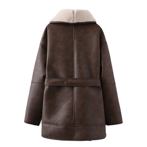 Manteau en cuir pour femme de haute qualité, couleur chocolat, avec fourrure, manches longues, manteaux en fausse fourrure pour femme, vêtements d'hiver, manteau, veste - Product Image 6