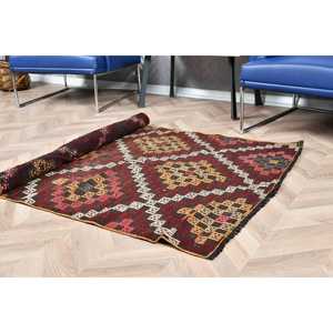 Vintage Accent Rug, 3.5x5.9 ft Turkish Rug, <b>Red</b> Abstract <b>Wool</b> Rug - Product Image 5